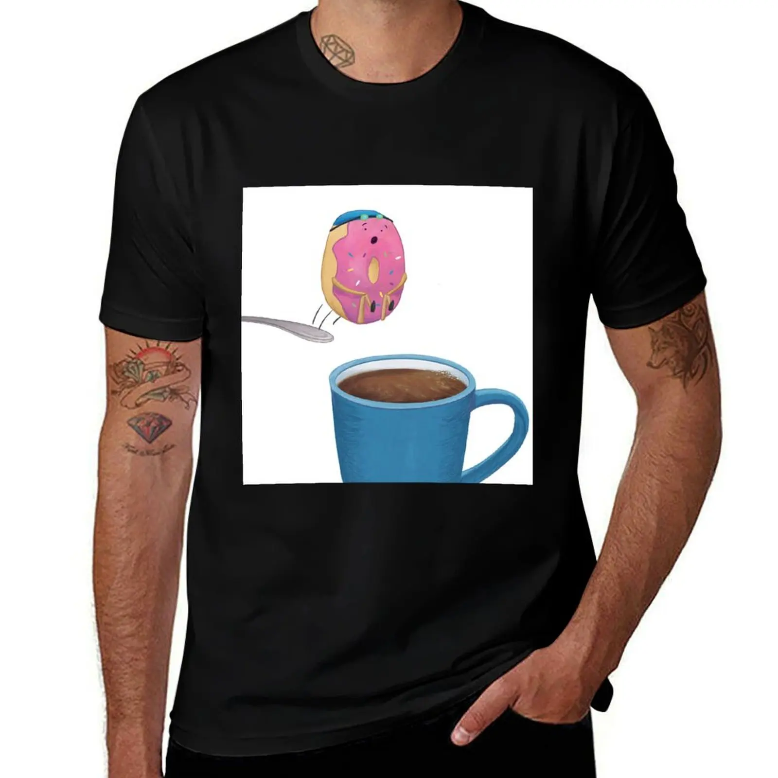 Donut Jumping Into Coffee Cup T-Shirt Stain Resistant Casual Tee T-Shirt