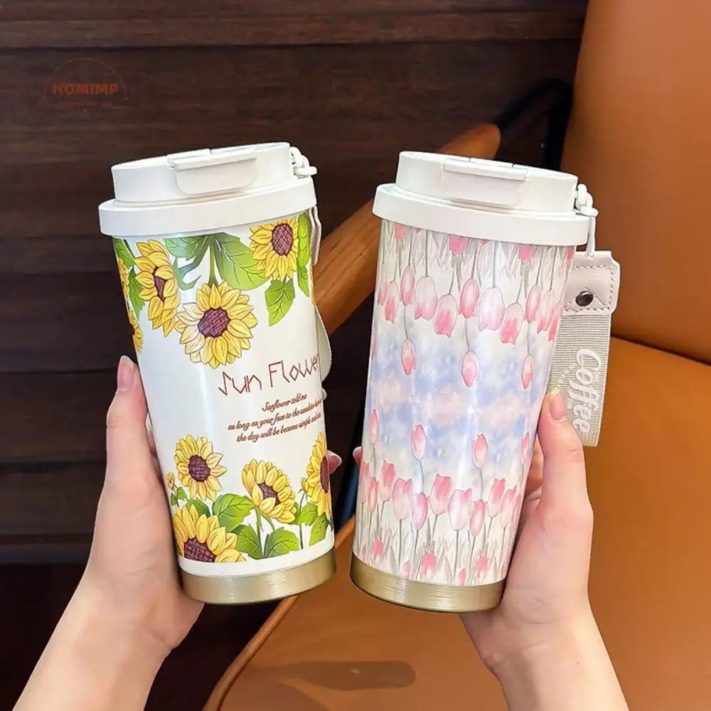 

Stainless Steel Flower Thermos Mug Leak-Proof with Straw Coffee Insulated Cup 500ml Capacity Double Wall Travel Mug Picnic