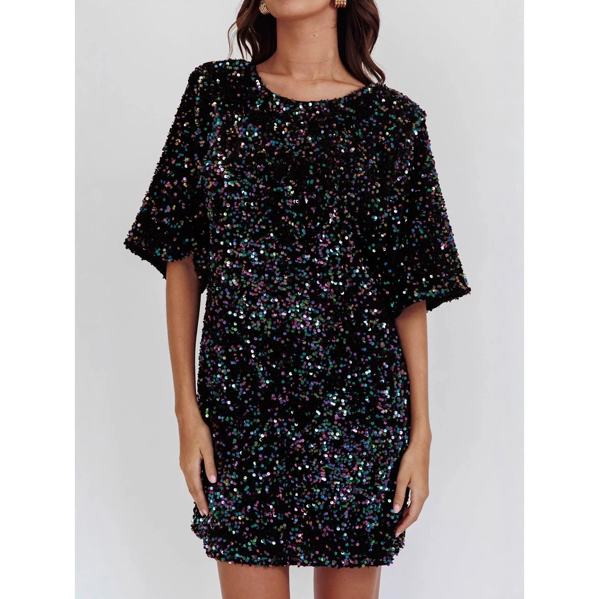Spring 2025 Women's round Neck Short Sleeve Loose plus Size Sexy Sequin Short Dress Fashionable Casual One Step Skirt Dress
