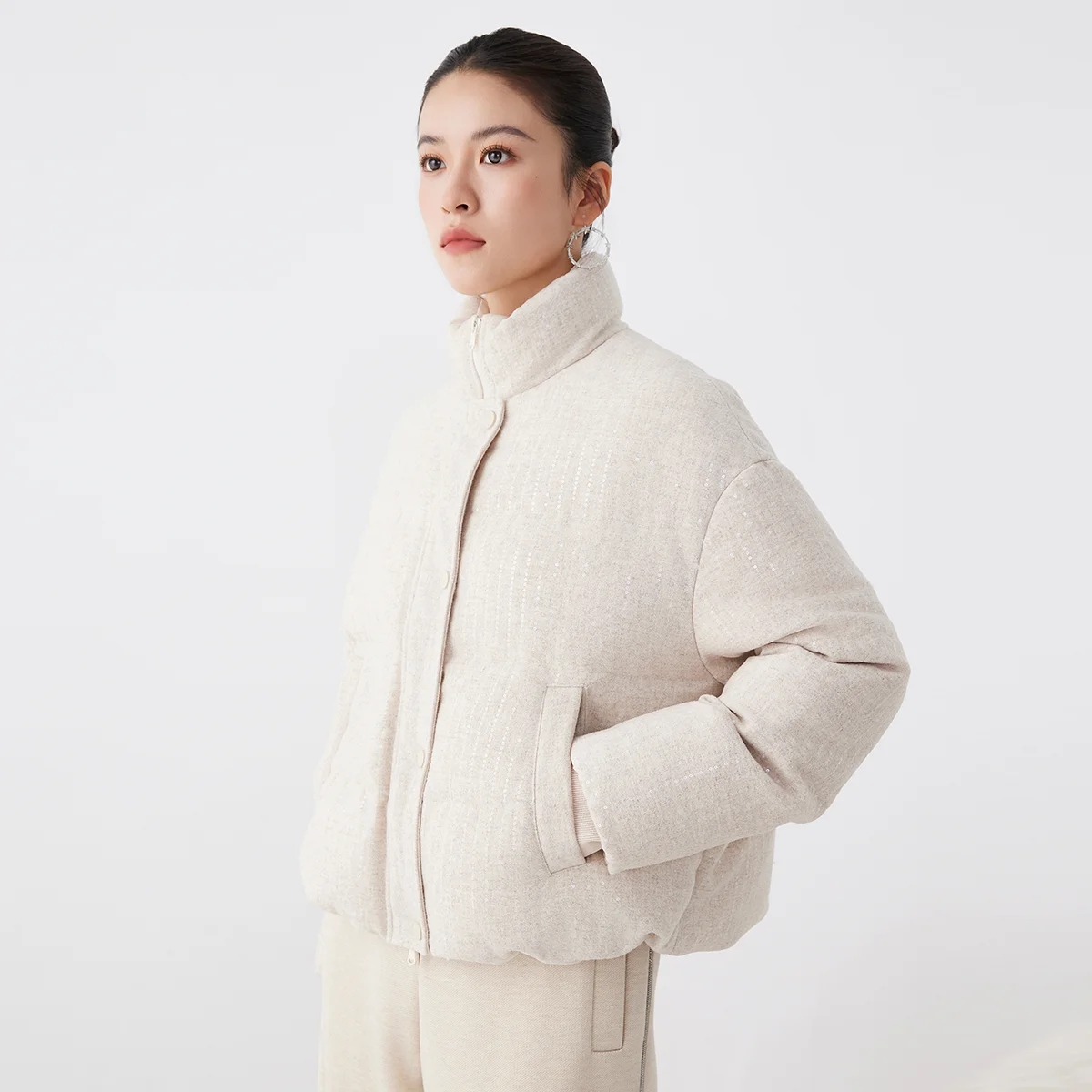 K2739W高品質高級婦人服90%ホワイトグースダウン厚手ダウンジャケット50%ウールスパンコール冬用ジャケット