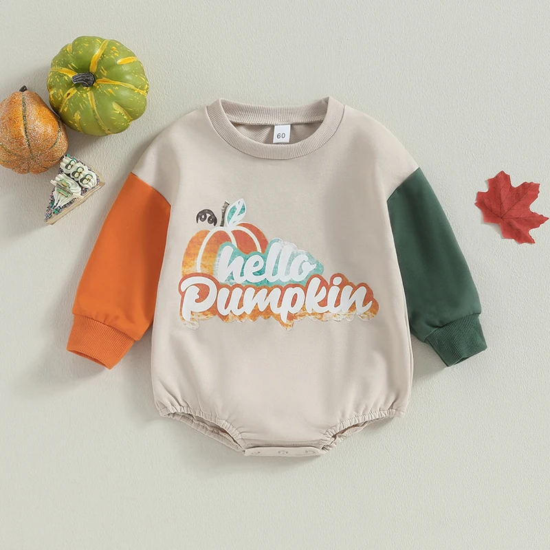 

Toddler Boys Stylish Crewneck Jumpsuit with Long Sleeves Spooky Halloween Pumpkin Print and Colorful Contrast Details for a