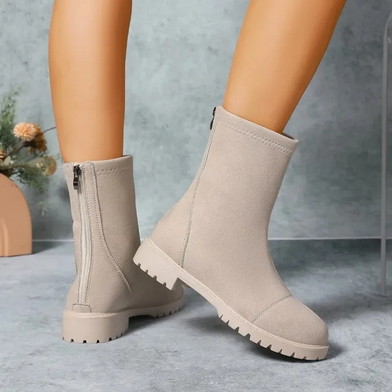 النساء حذاء من الجلد 2025 الخريف بلون الجلد المدبوغ عادية حجم كبير منصة الجوارب امرأة مريحة كعب مربع بوتاس الإناث #6