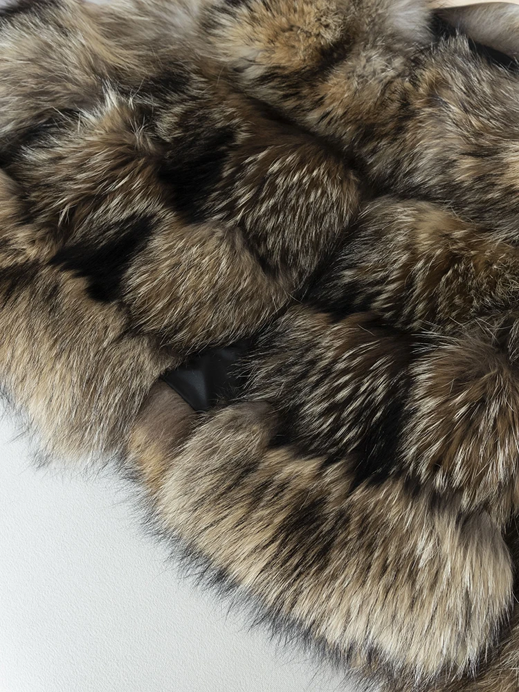 Winter Elegant Female Covered Button Thicken Keep Warm Raccoon Fur Coat Patchwork Genuine Leather Wide Waisted Fashion Women