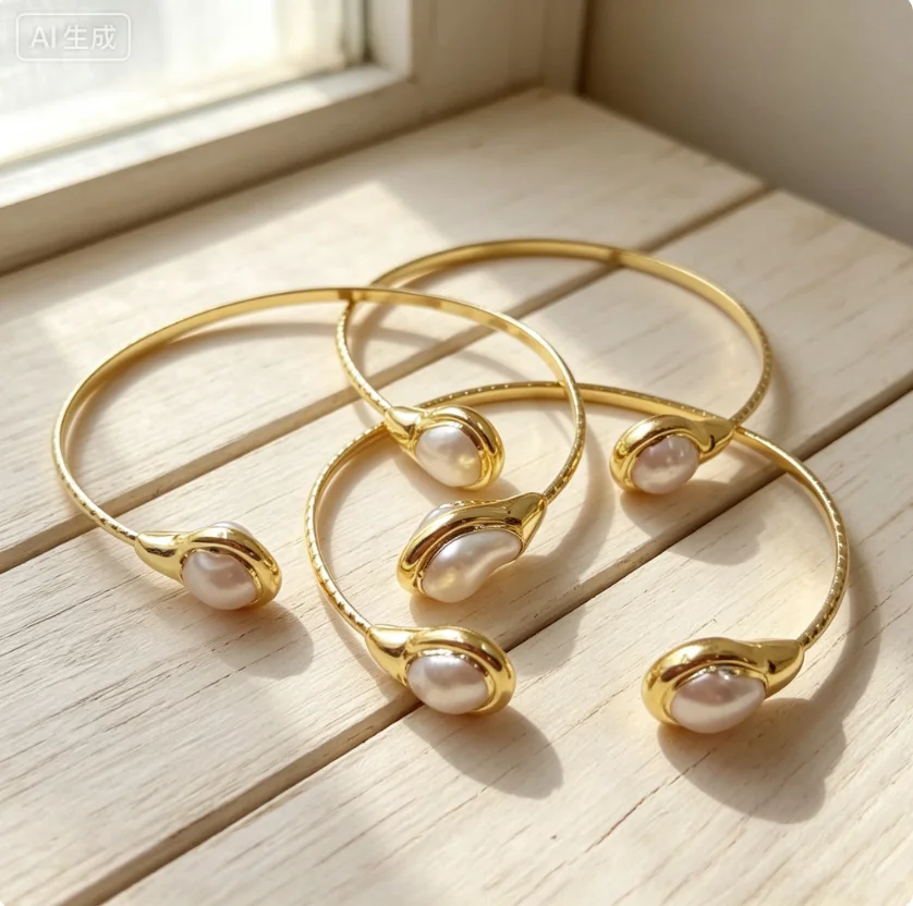 WT-MPB054 WKT Good New Natural Pearl Bracelet Gold Plated Baroque Opening Large C Thin Edge Bracelet Women Jewelry Gift