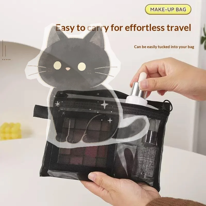 Clear Mesh Zipper Cosmetic Bag Tear-resistant Lightweight Makeup Pouch Black Multi Size for Outdoor Activities