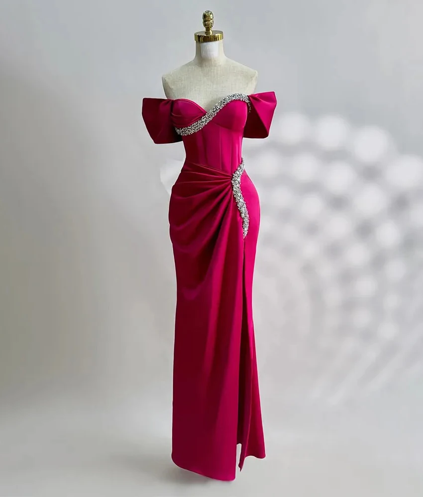 

Customized Luxury Crystal Satin Mermaid Off the Shoulder Evening Dress Delicate Sweetheart Short Sleeves After Party Dress