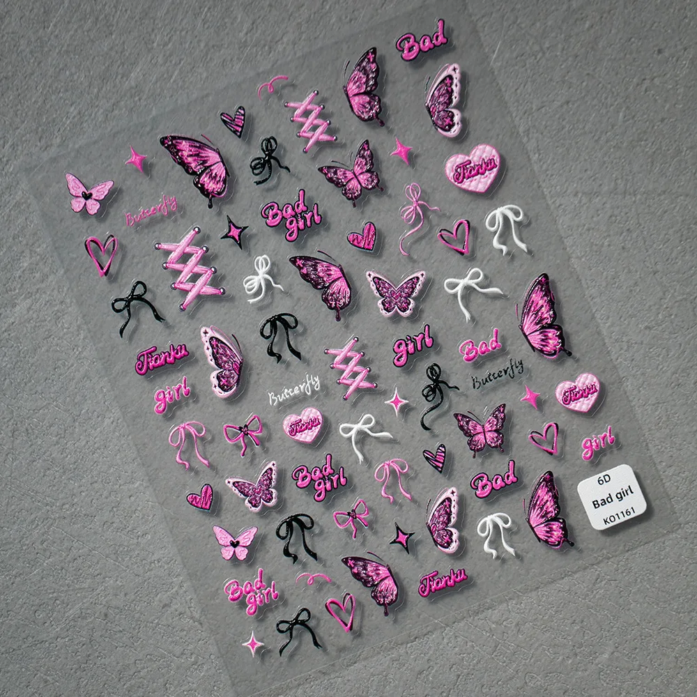 

6D Bad Girl Nail Stickers Gothic Pink Black Butterfly Heart Bow Designs Edgy Party Nail Art for Women