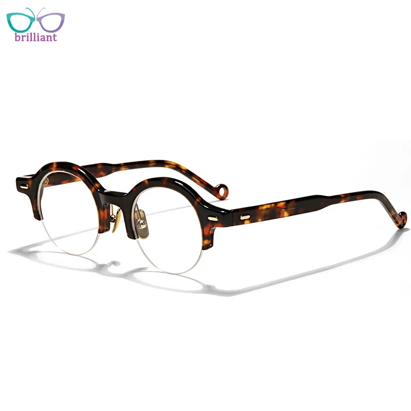 

New Men Women Glasses Frame Round Half Frame Tortoiseshell Color High-quality Acetate Optical Myopia Anti Blue Light Eyeglasses