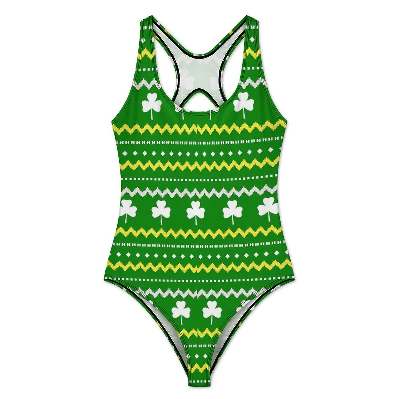 St Patricks Day Swimsuit Sexy Fair Isle Shamrock Female Swimwear One Piece Novelty Bodysuit Holiday Swim Push Up Bathing Suit