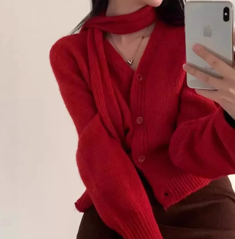 

New Korean Style Niche French Vintage Long Sleeve Sweater Jacket With Scarf Tight Fit Casual Women Fashion