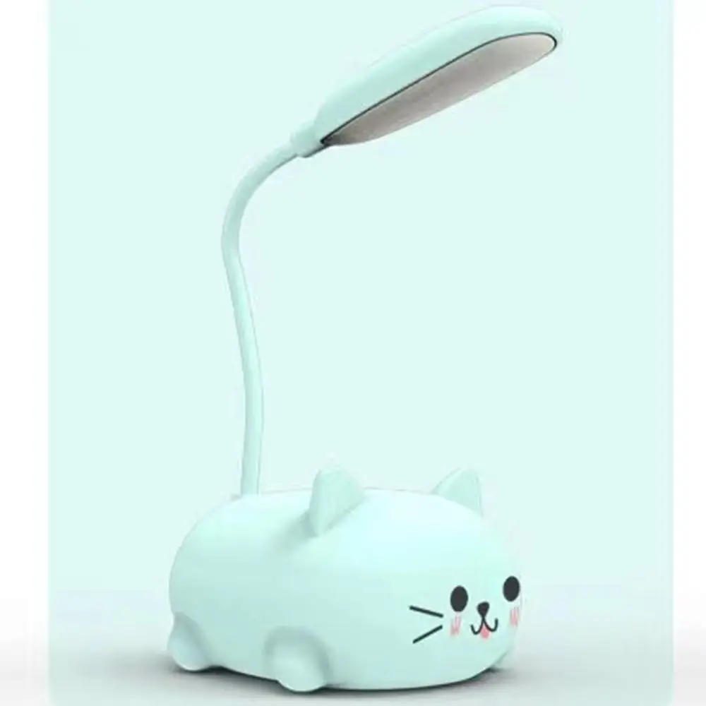 USB Rechargeable LED Desk Lamp, Flexible Gooseneck, Eye-Care Cartoon Cat Design, Portable Reading Light for Kids (Blue)