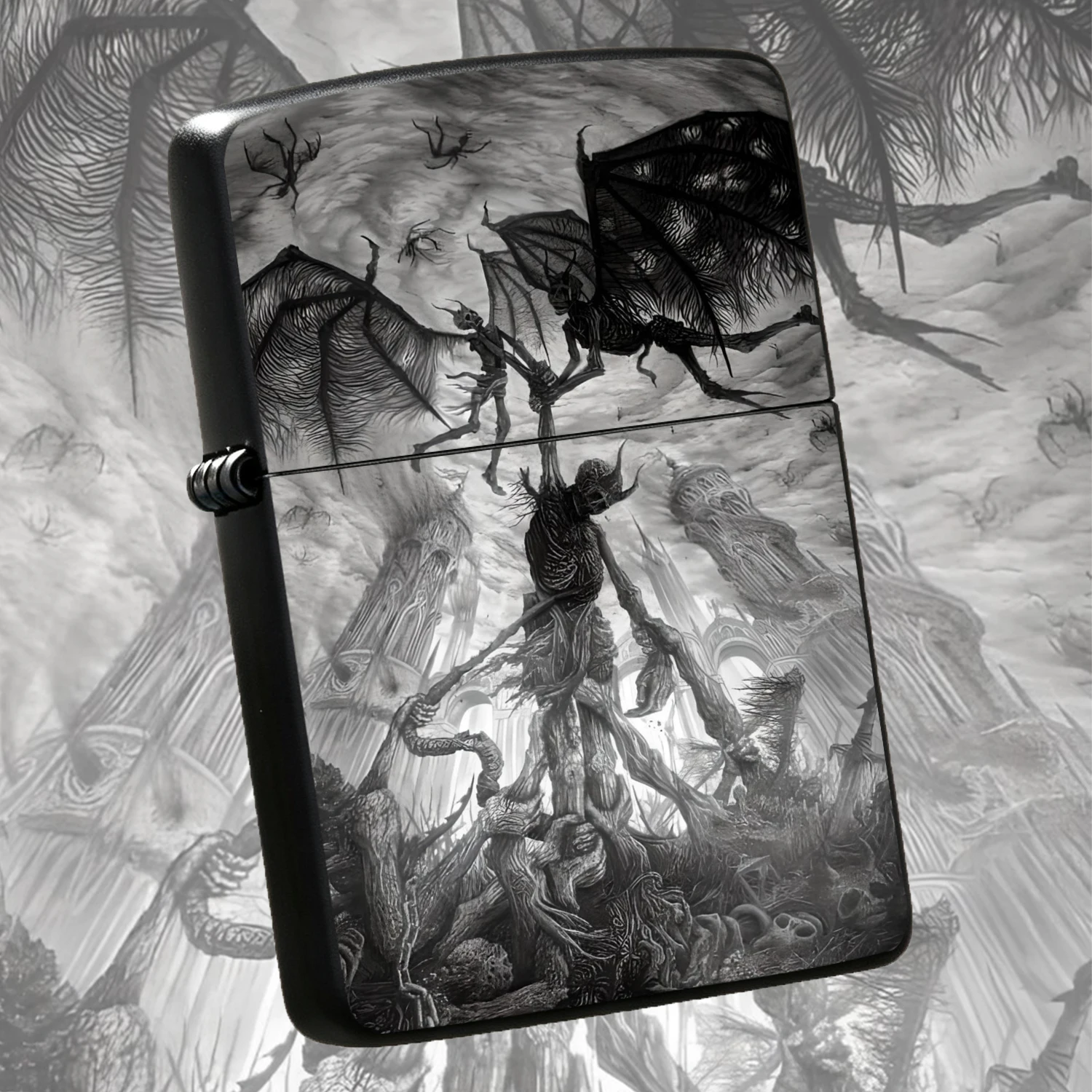Black And White Surreal Dark Pattern Windproof Retro Hell Skeleton Flying Devil Printed Portable Durable Housing Igniter Creative Cool Collectible Desktop Ornament Ideal For Daily Use Outdoor Camping Gifting For Gothic Art Lovers A Fun And