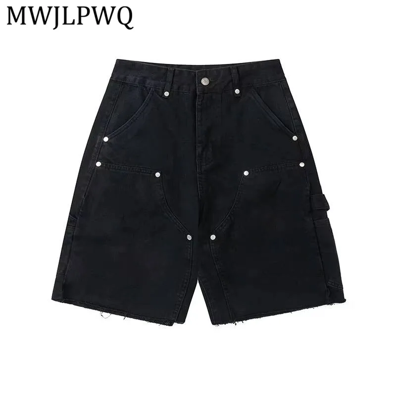 

MWJLPWQ мужские джинсовые шорты с потертостями и заклепками, лето 202, уличная одежда в американском стиле, свободные повседневные брюки 20918
