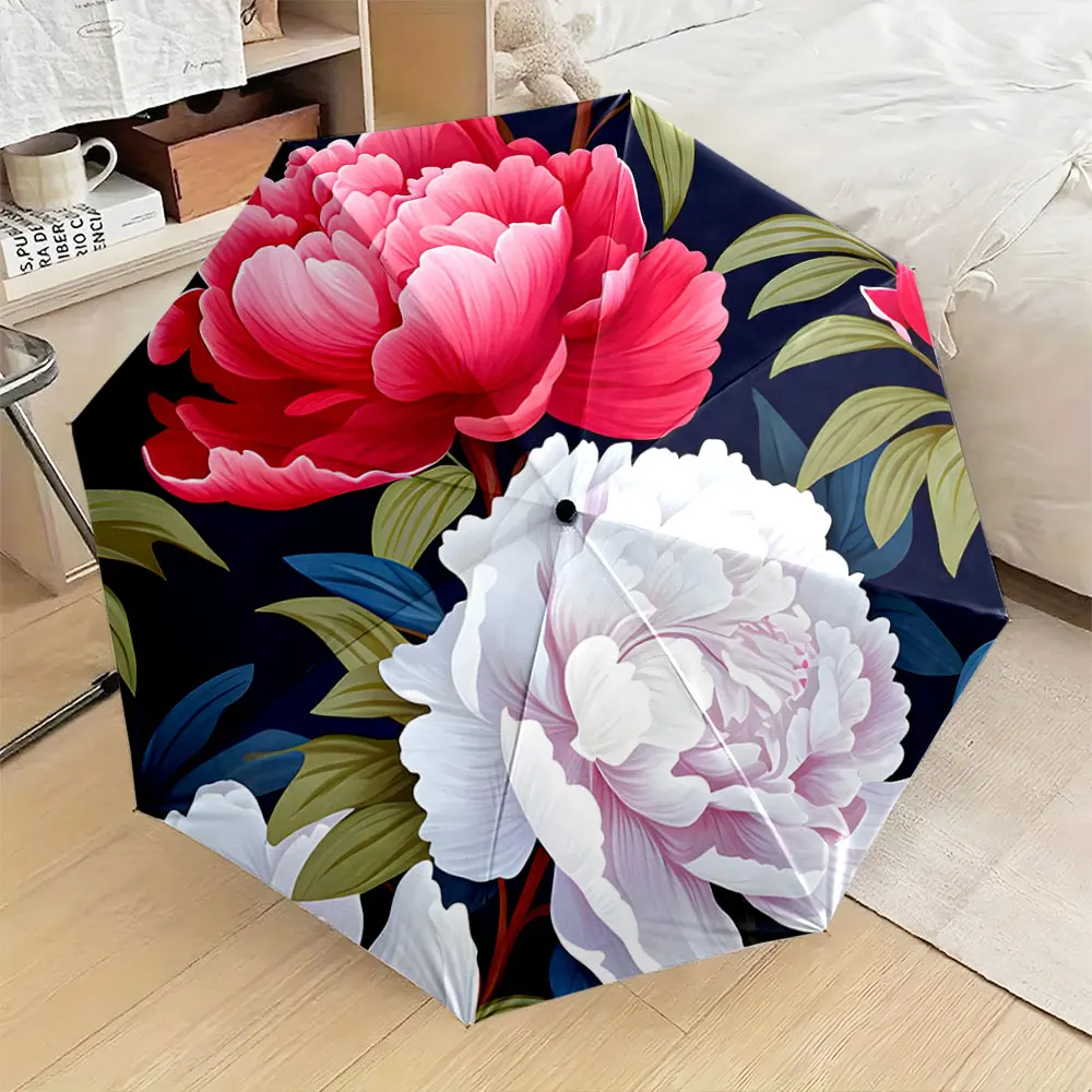 1PC Floral Umbrella with Elegant Peony Design Print 8 Iron Ribs Folding Umbrella Auto-Open Fashion Sunshade