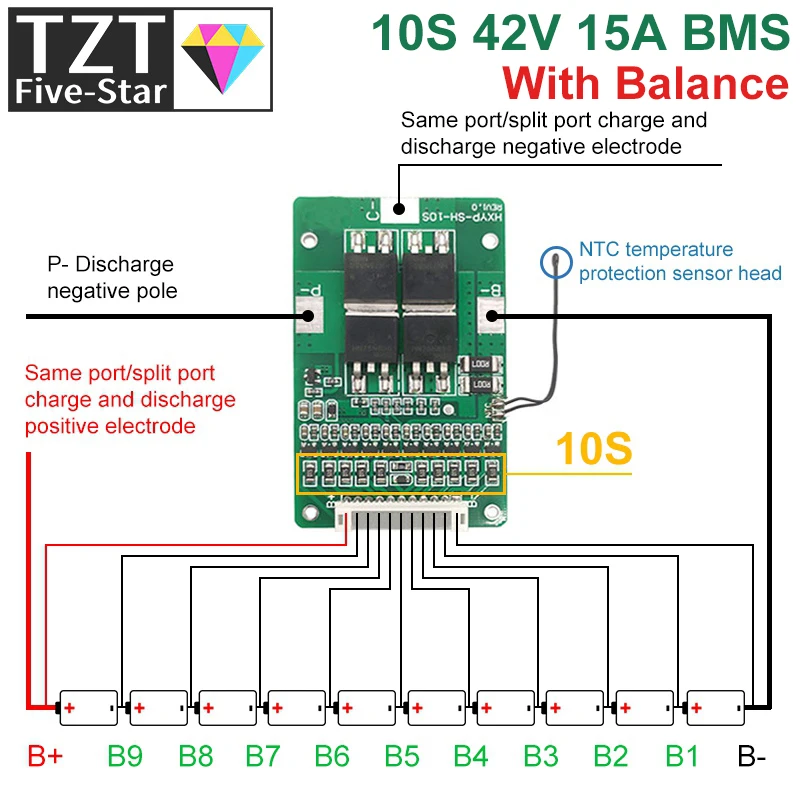 10S 42V 15A BMS Polymer Cell 18650 Lithium Battery Protection Board With Balance Built-in Temperature Control