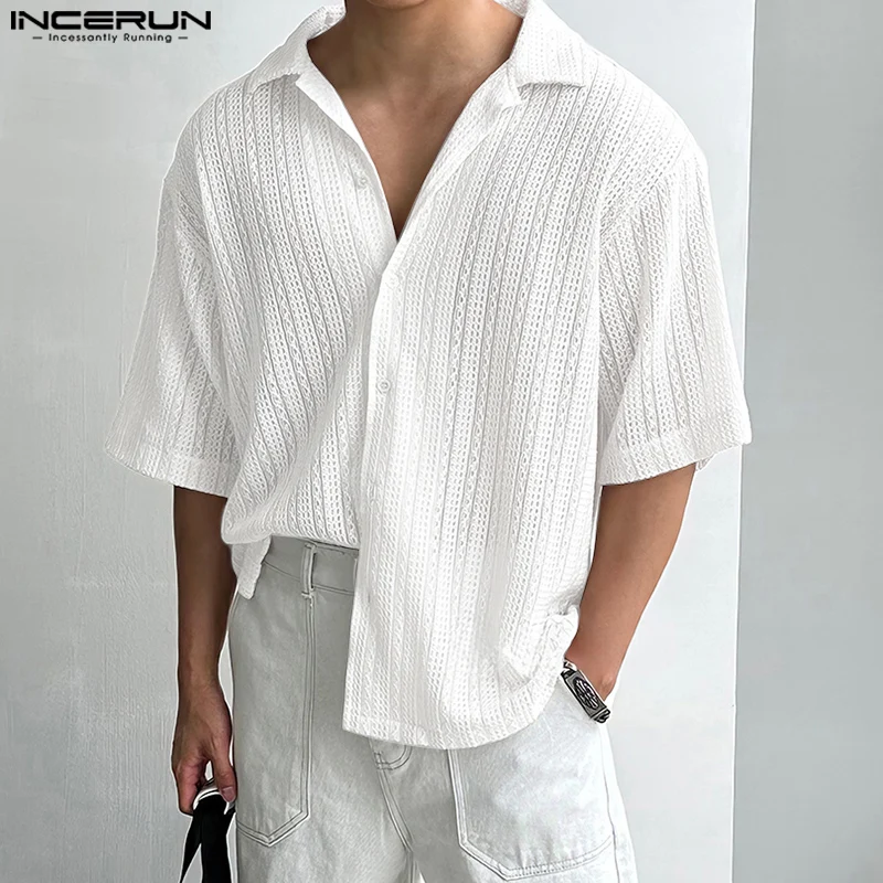 

INCERUN Men Shirt Hollow Out Patchwork Lapel Short Sleeve Summer Men Clothing Streetwear 2025 Loose Fashion Male Shirts S-5XL