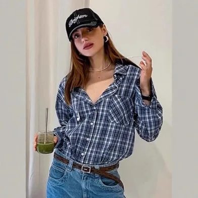 

Blue Plaid Autumn Women's Shirt Turn Down Collar Single Breasted Long Sleeve Blouse For Female Slouchy-Style Beach Lad's Shirt