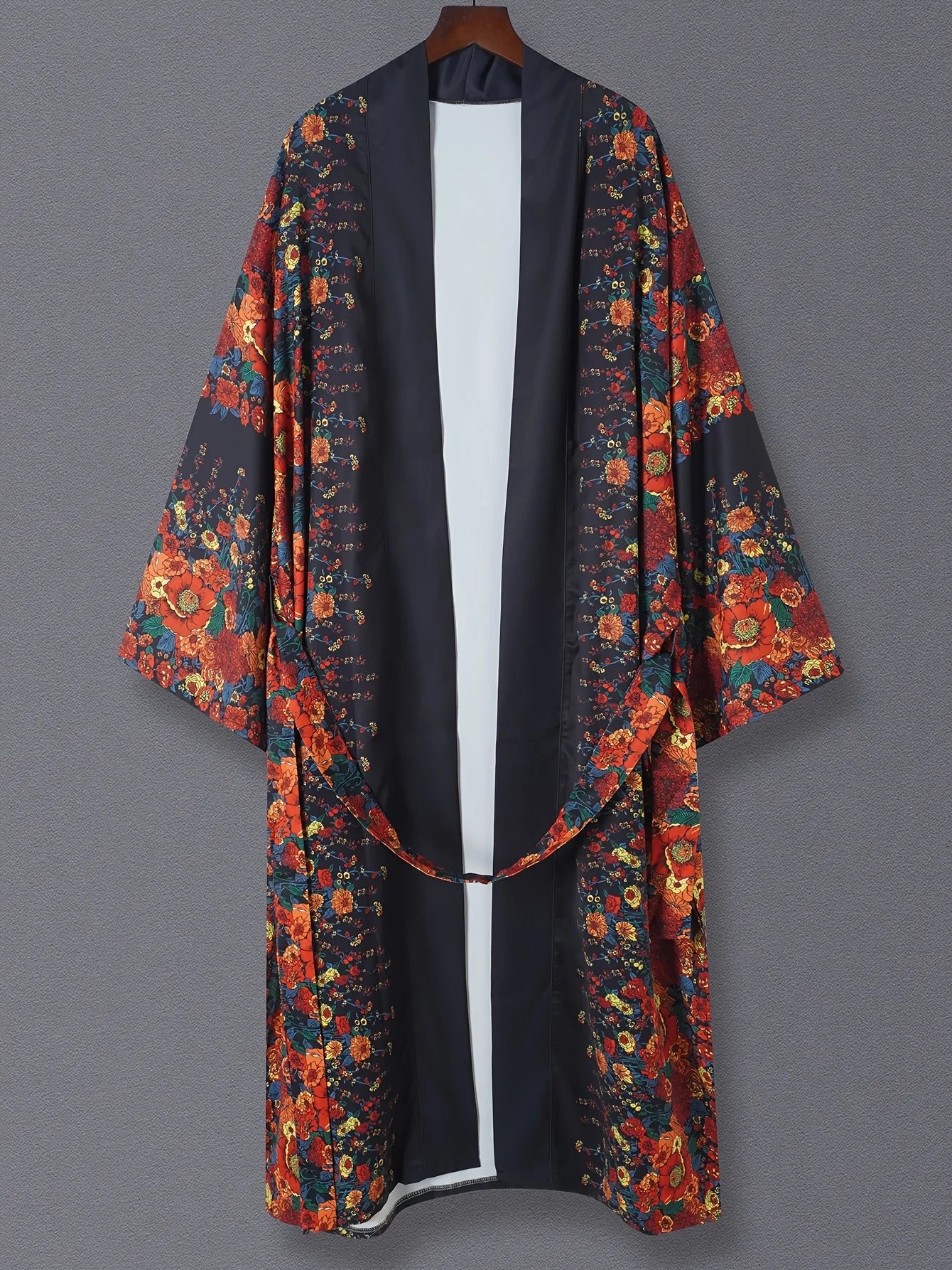 French-Style Elegant Retro Floral Print Mid-Length Kimono Cardigan with Belt, Thin Coat for Men and Women, Couple Style, European and American Style, Soft Skin-Friendly Fabric, Spring and Autumn Long-Sleeve Street Casual Vacation Cover-Up, Beach Travel Sun Protection Thin Cape Cover-Up
