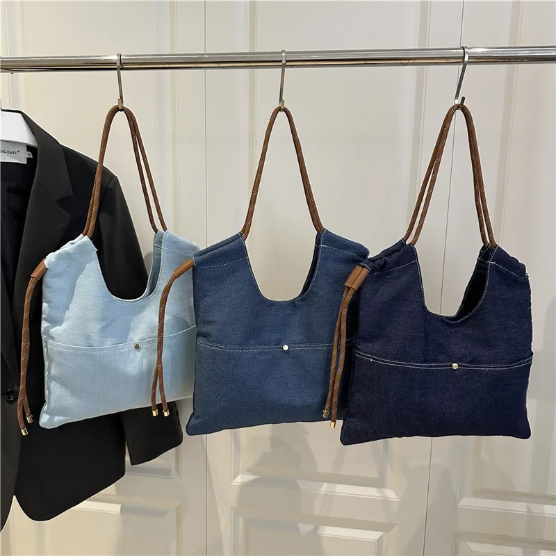 

2025 Spring New Denim Tote Bag Women Harajuku Solid Canvas Vintage Shoulder Crossbody Bucket Purse
