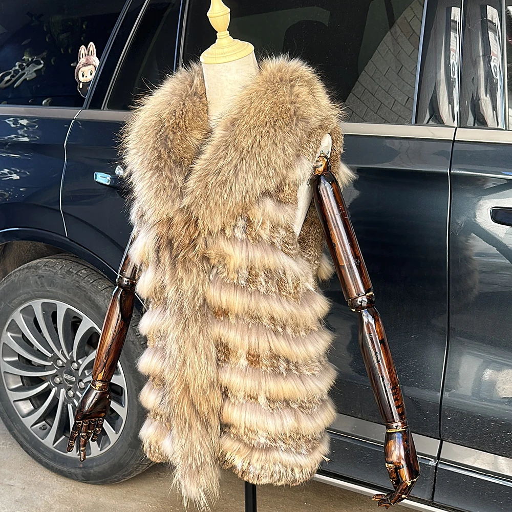 المرأة محبوك اليدوية الأرنب الحقيقي الفراء سترة جيليه أكمام الملابس صدرية الإناث الطبيعية الراكون معطف الفرو سترة