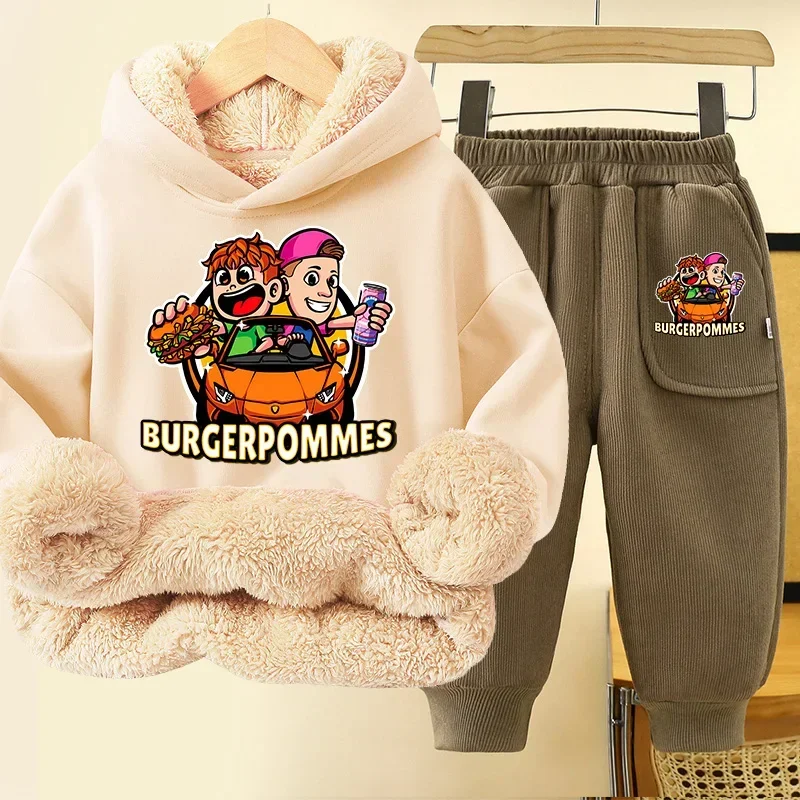 

Burgerpommes Icrimax Kid Pullover Hoodies Set Cute Anime Sweatshirt+Pants 2pcs Winter Fashion Lamb Fleece Warm Thick Top Clothe