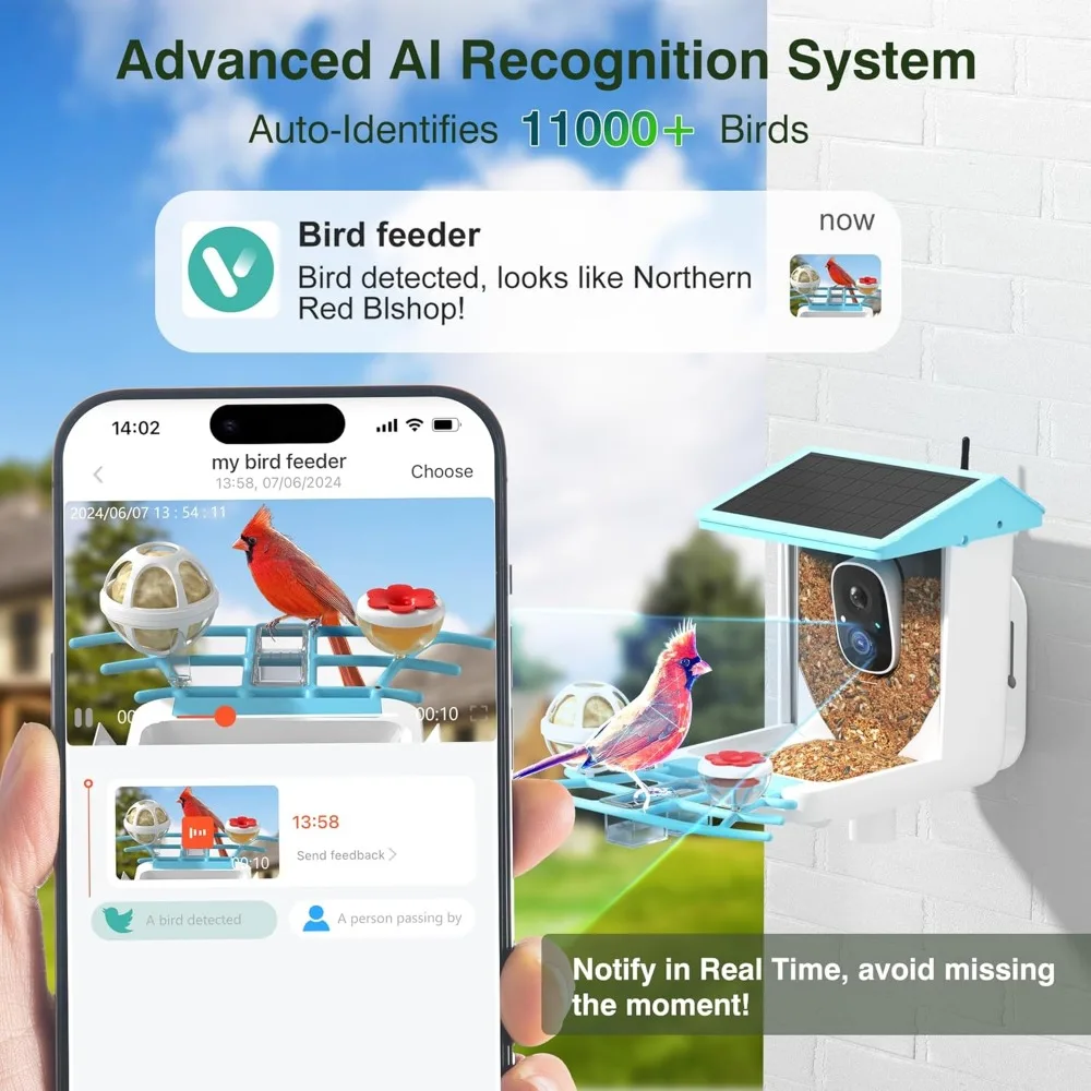 Solar Bird Feeder with Camera, 1296P HD AI Identify Smart Bird Feeder Outdoor Camera Wireless Wild Bird Feeder