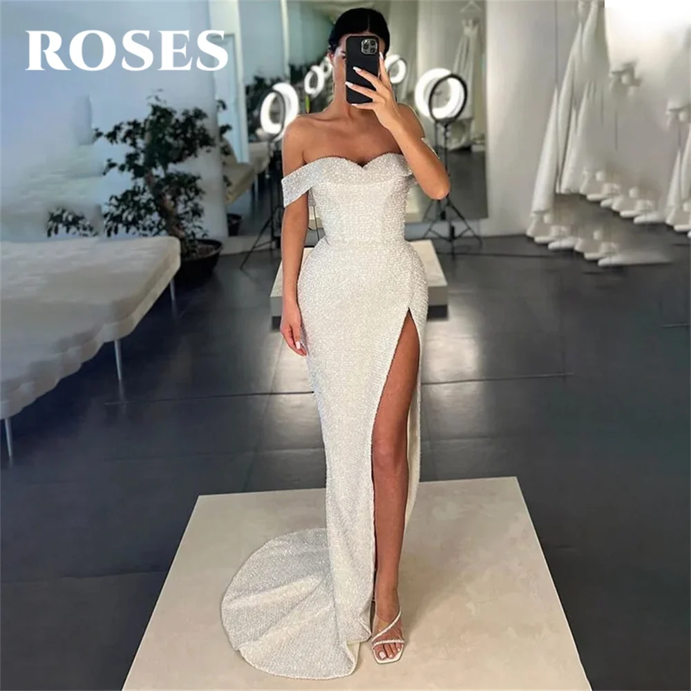 

ROSES White Evening Dress Sweetheart Trumpet Wrap Hips Party Dress with Pleats Satin Off The Shoulder Sequins 프롬드레스 Prom Dress