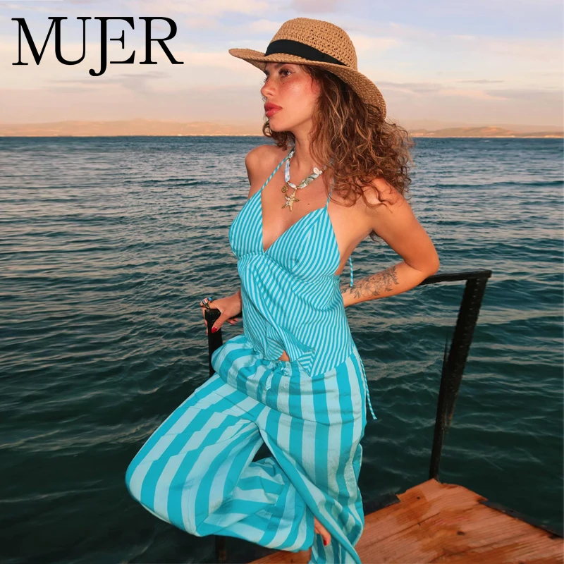 MUJER Gestreiftes Crop-Top für Damen, sexy, rückenfreies Slip-Top für Damen, Sommer-Strand-Top, weibliches Trägertop, ärmellose Damen-Tops