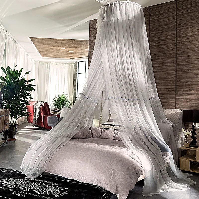 Luxury European Style Round Mosquito Net Single Double Bed Wedding Lace Bed Curtain Canopy Princess Bed Curtain Mosquiteiro Grey