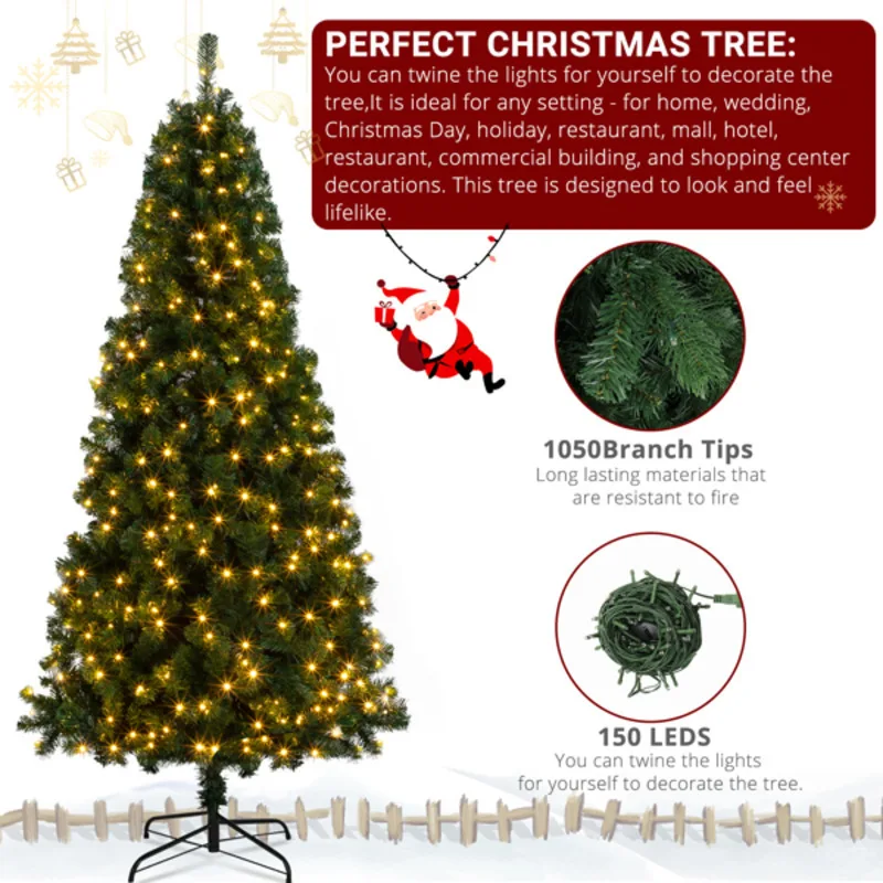 6FT PVC Material DIY 150 Lights Warm Color 8 Modes 1050 Branches Christmas Tree Green Christmas Decoration