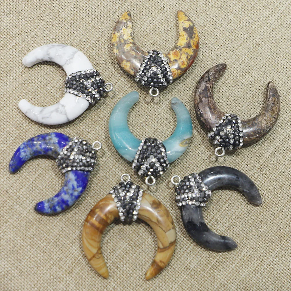 

Free Shipping Natural Stone Crescent Horn Encrusting Diamond Pendant Necklace Fashion Reiki Jewelry Accessories Wholesale 6P/Lot