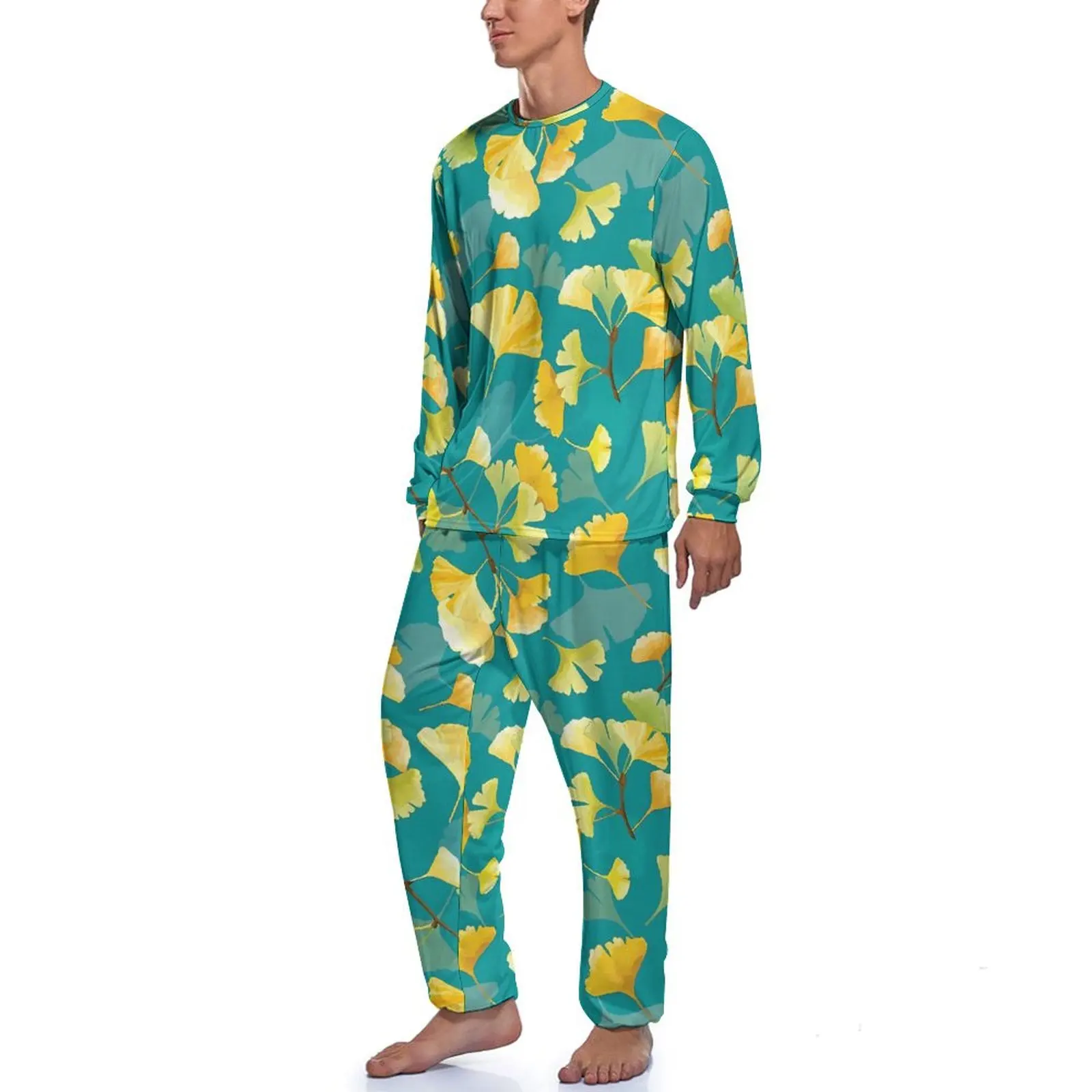 Gold Ginkgo Biloba Pajamas Daily 2 Piece Leaves Print Warm Pajama Sets Male Long Sleeve Casual Custom Nightwear