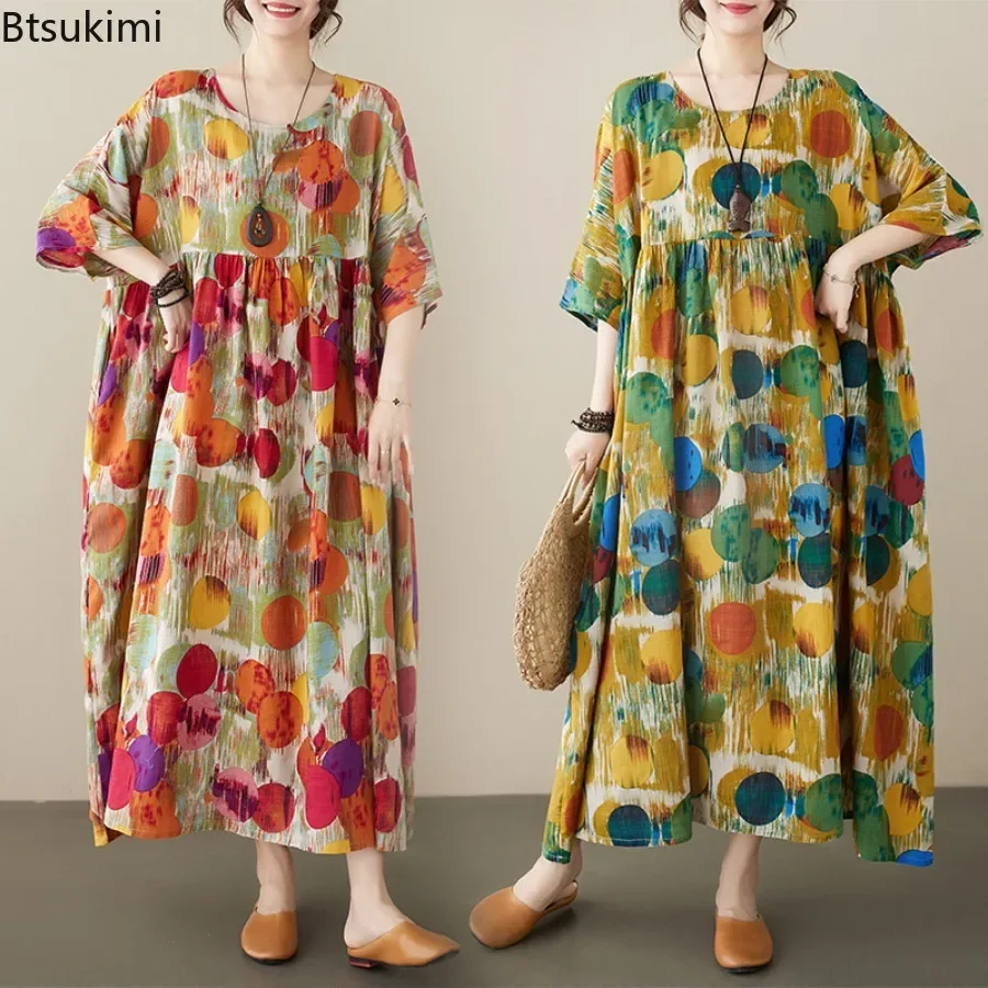 Sommer Boho Stil Kurzarm Vintage Polka Dot Lange Kleider für Frauen Casual Lose Maxi Kleid Elegante Frauen Kleidung Oversize