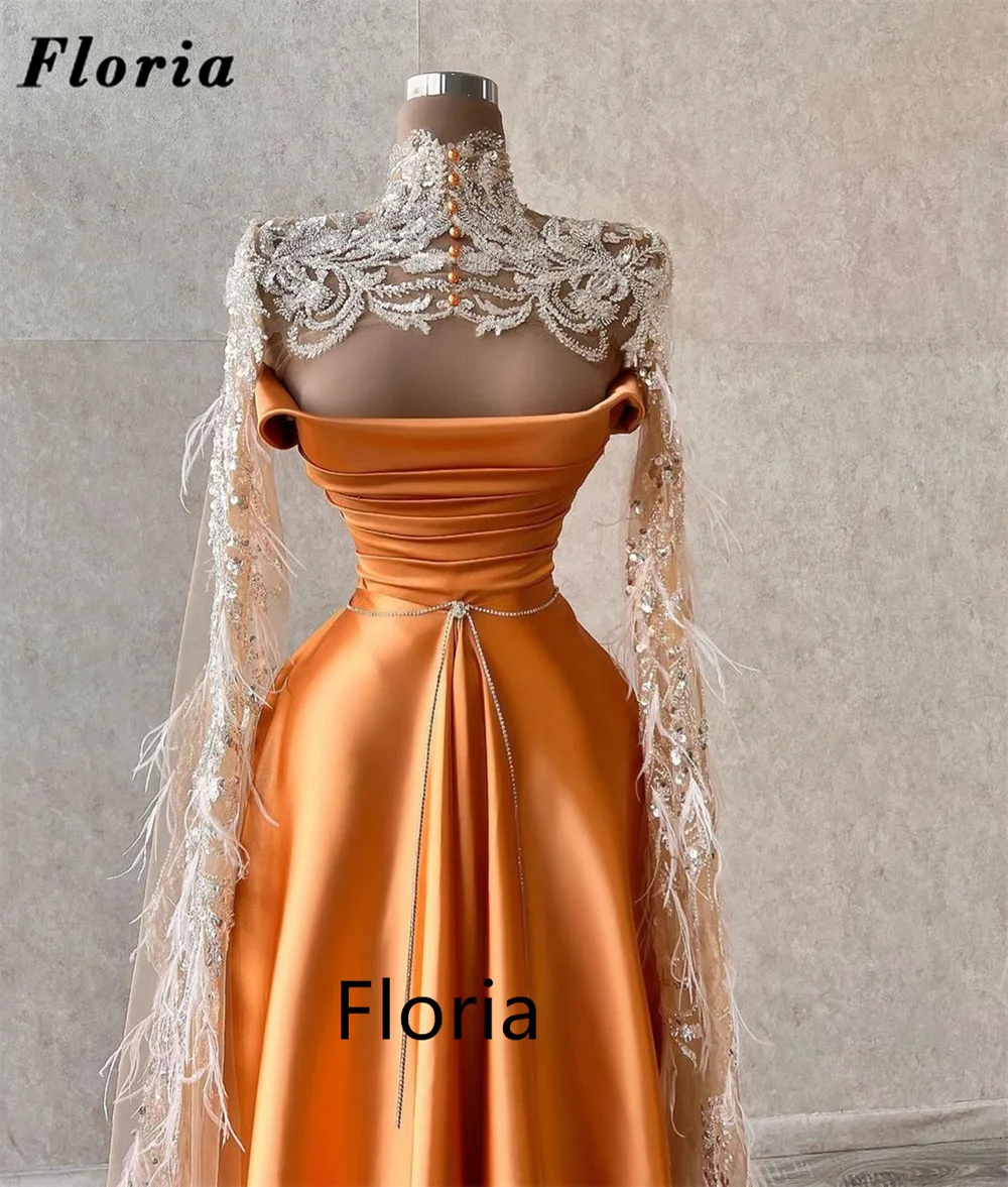 Floria Luxury High Neck Beads Prom Dresses Satin A Line Formal Crystals Evening Dresses Dubai Couture Pageant Party Gowns Robes