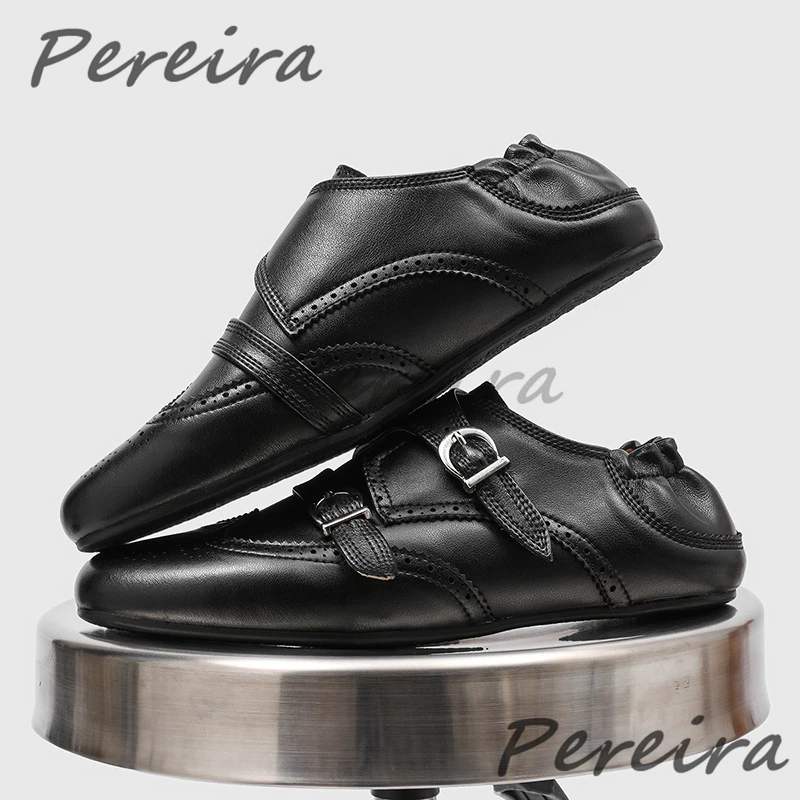 Retro Pleated Leather Loafers British Style Belt Buckle Round Toe Casual Flat Shoes Spring Summer Outdoor Breathable Men Shoes