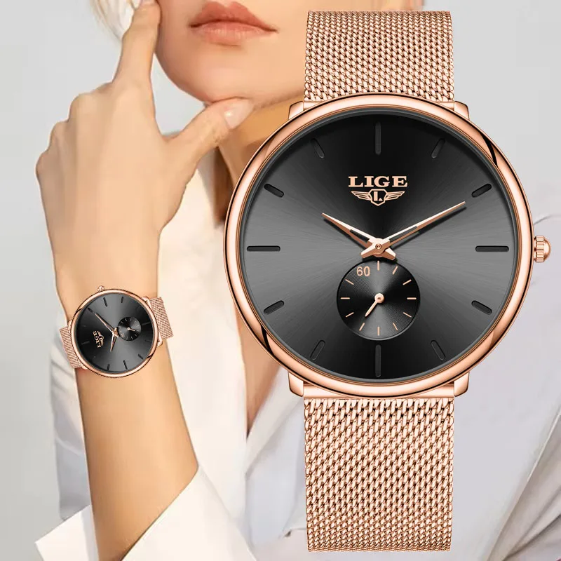 

LIGE Creative Watch Women Fashion Elegant Rose Gold Bracelet Watches Gift For Women Simple Sports Waterproof Quartz Ladies Watch