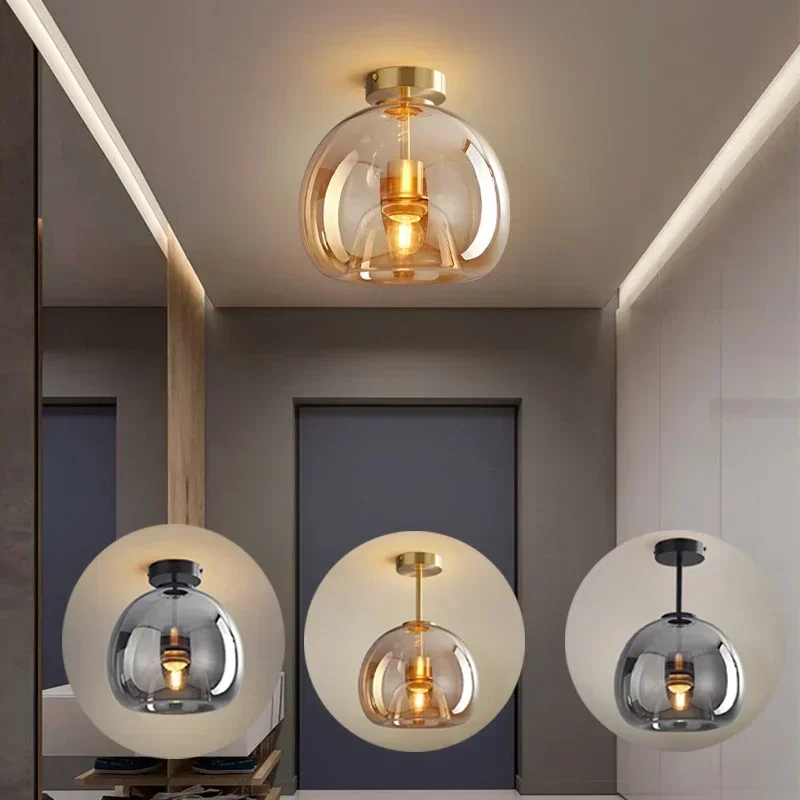 Modern Minimalist Nordic Texture LED Glass Ceiling Lamp for Living Room Corridor E27 Socket Creative Lighting Design