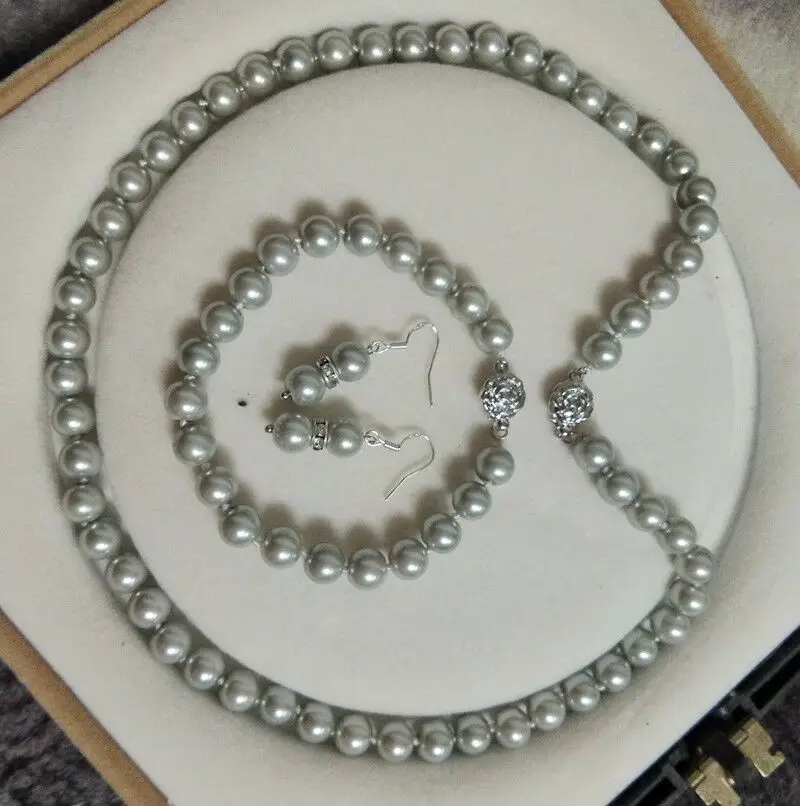 Details about  8mm AAA Light Gray Shell Pearl necklace Bracelet Earring Set