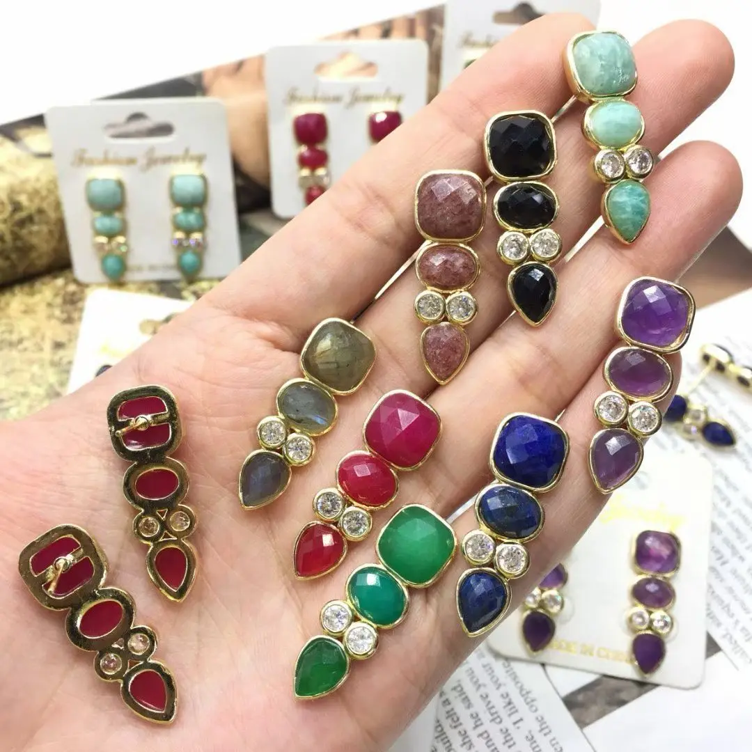 WT-E812 Texture Gemstone Redjade Greenjade Colored Stone And Zircon Paved Geometric Shape Long Fine Earrings