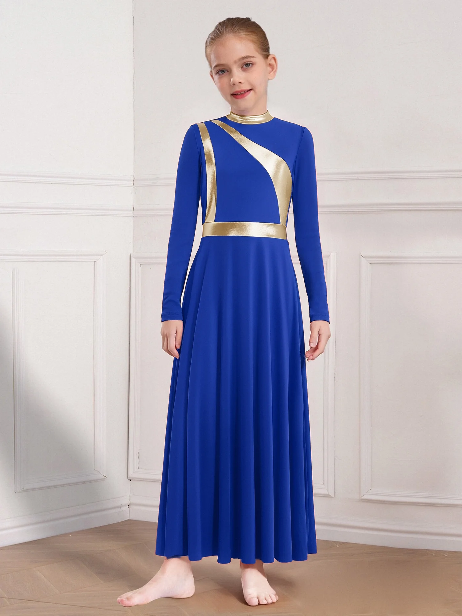 

Kids Girls Worship Praise Liturgical Dance Dress Church Choir Performance Costume Metallic Shiny Ballroom Ballet Lyrical Dresses