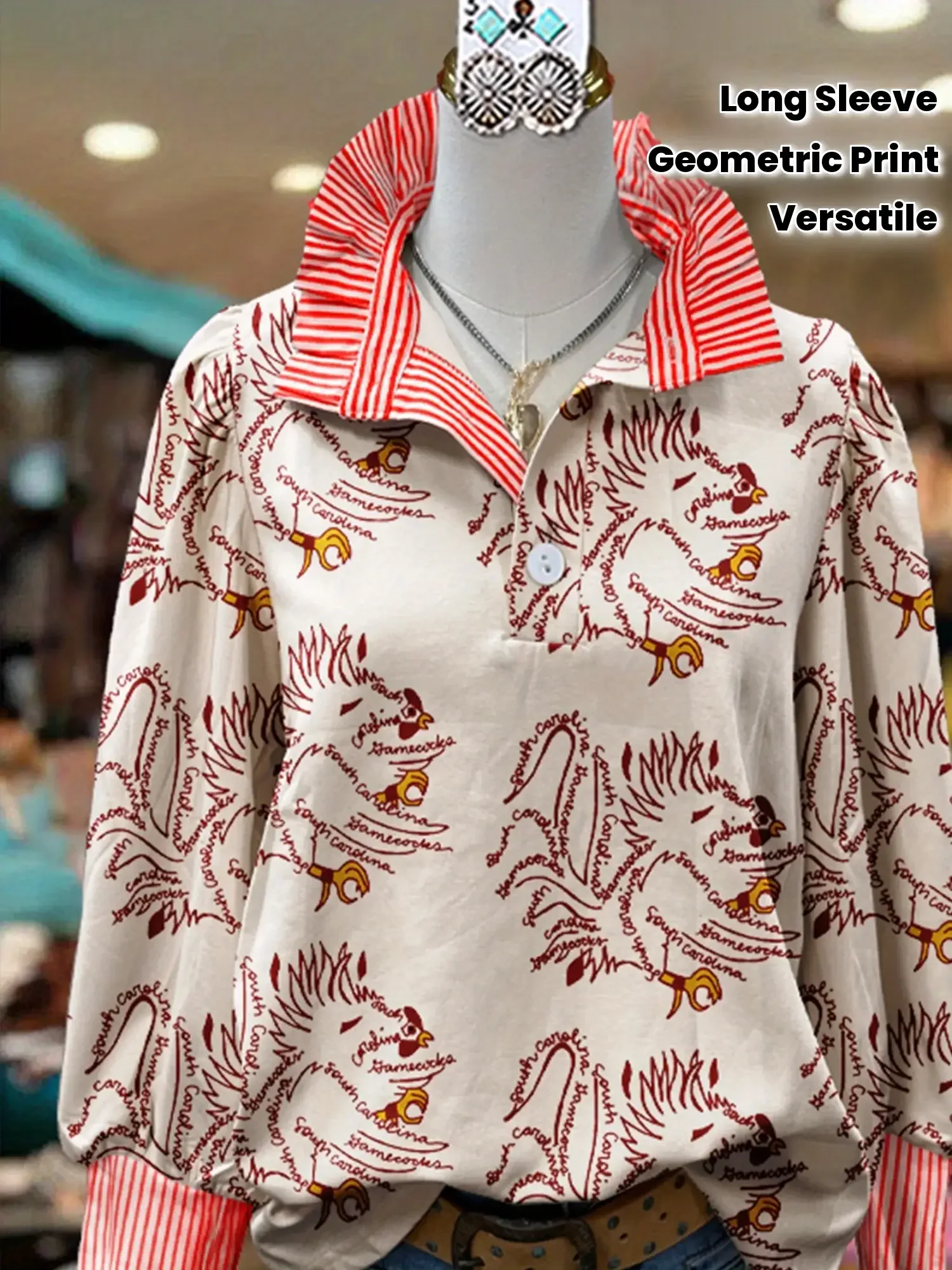 Christmas women's striped shirt with multi-color striped collar and half button shirt with Perris pattern, 