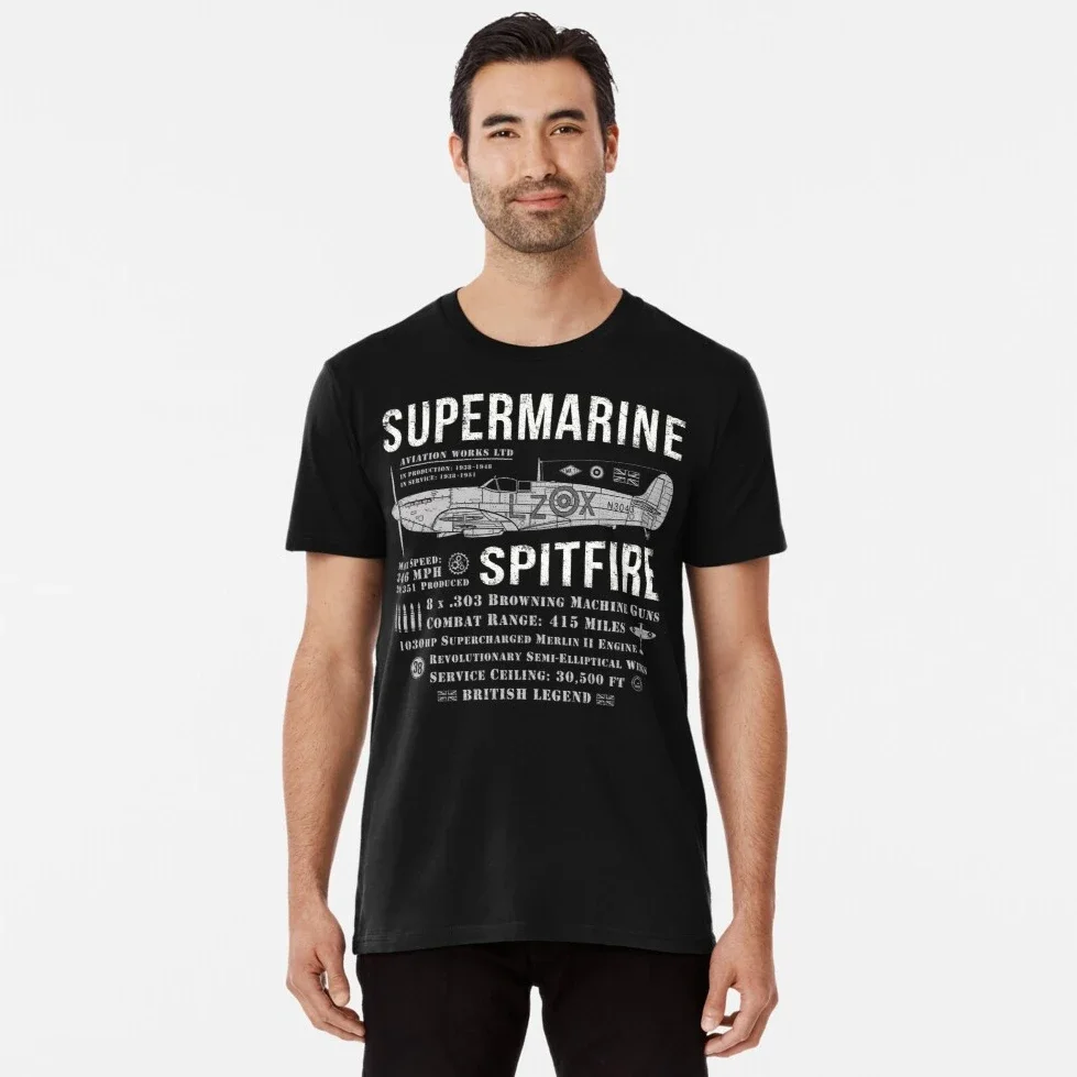 RAF Supermarine Spitfire Fighter Aircraft Blueprint T Shirt. 100% Cotton Short Sleeve O-Neck Casual T-shirts New Size S-3XL