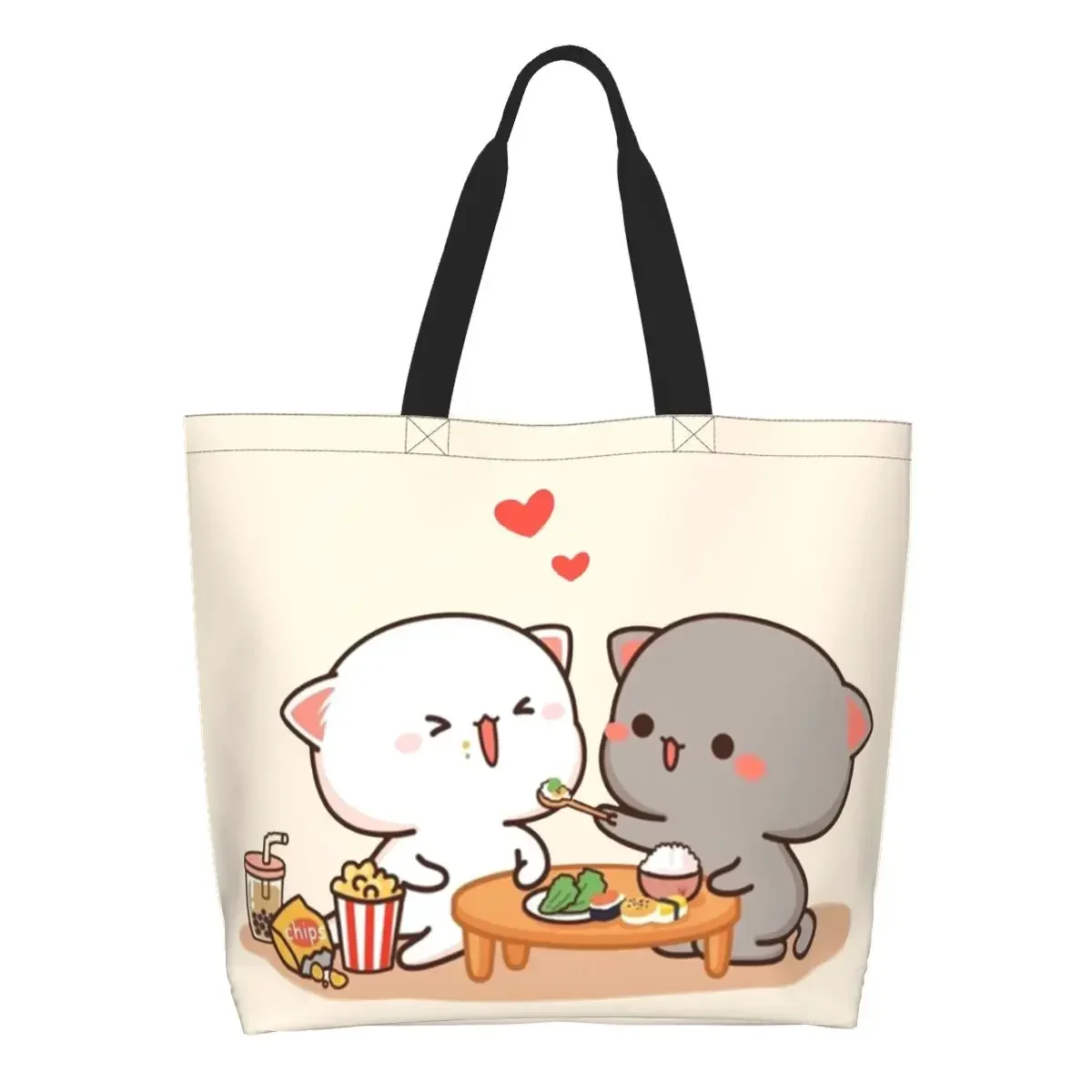 Fashion Cute Mochi Peach And Goma Cat Shopping Tote Bags Reusable Grocery Canvas Shoulder Shopper Bag