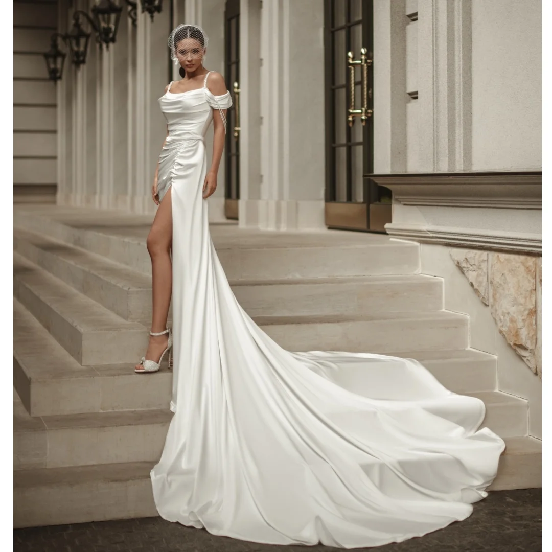 

Mermaid Satin Slit Wedding Dresses Sweep Train Off the Shoulder Beading Bridal Gown Formal Party Dress robe de mariée Customized