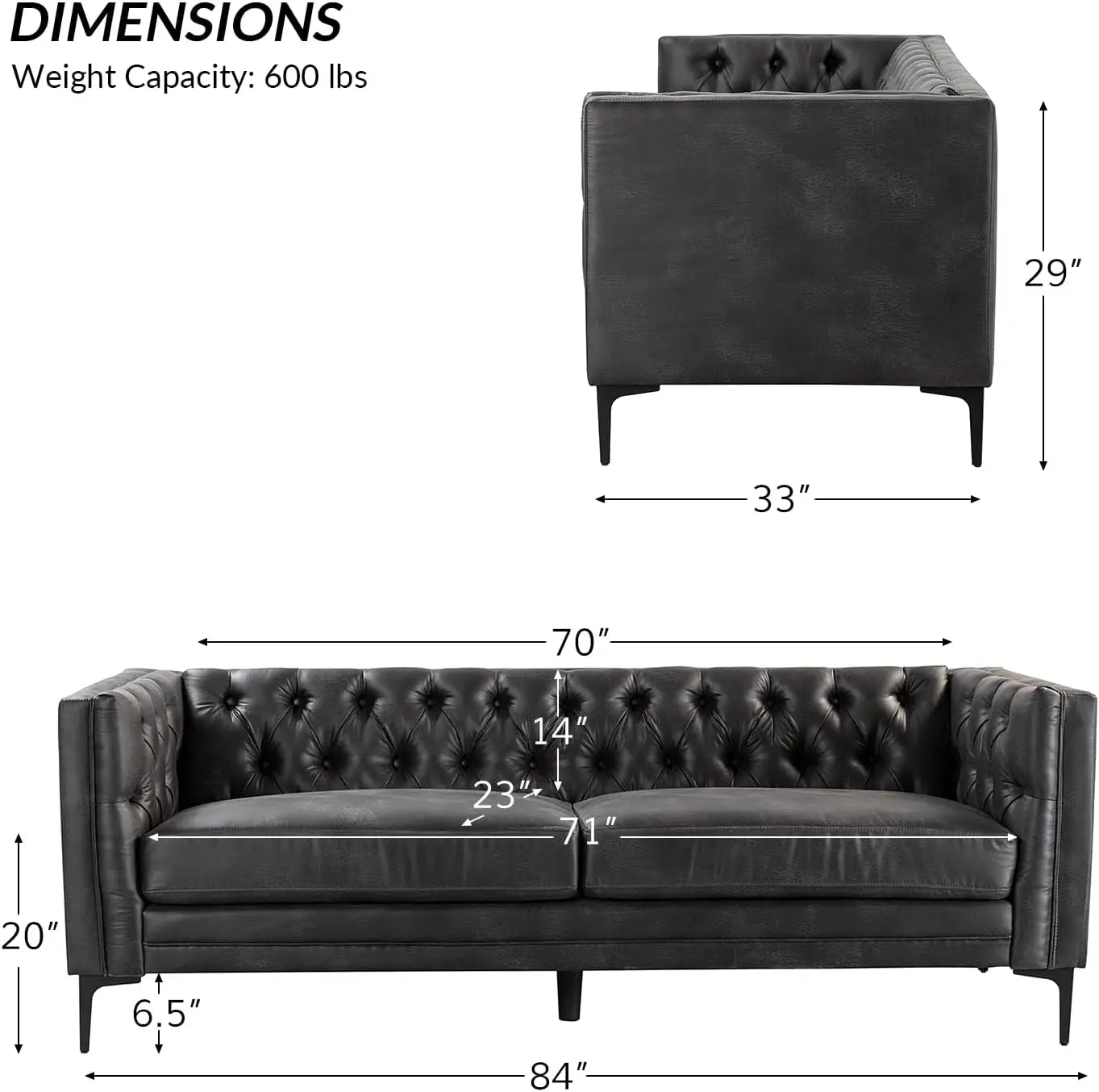 Canapé en similicuir avec pieds en métal, canapé 3 places touffeté à boutons, moderne du milieu du siècle