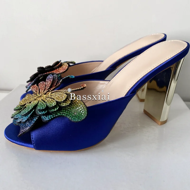 Colorful Rhinestone Flower Decor Women Sandals Women Unique Gold Strange Heel Blue Silk Slingbacks Summer Mules image 3