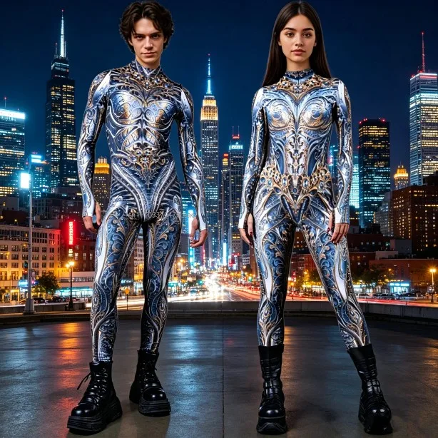 

Couple Unisex Retro Zentai Bodysuits Carnival Halloween Holiday Party Cosplay Jumpsuit Performance Robot Punk Skinny Rompers