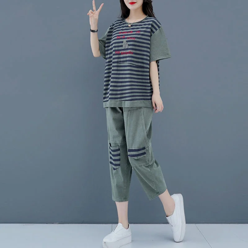 Women Splicing Sportswear Sets Summer 2022 New Short-Sleeved Female Embroidered Casual Clothes Loose And Thin Two-Piece Women\'s