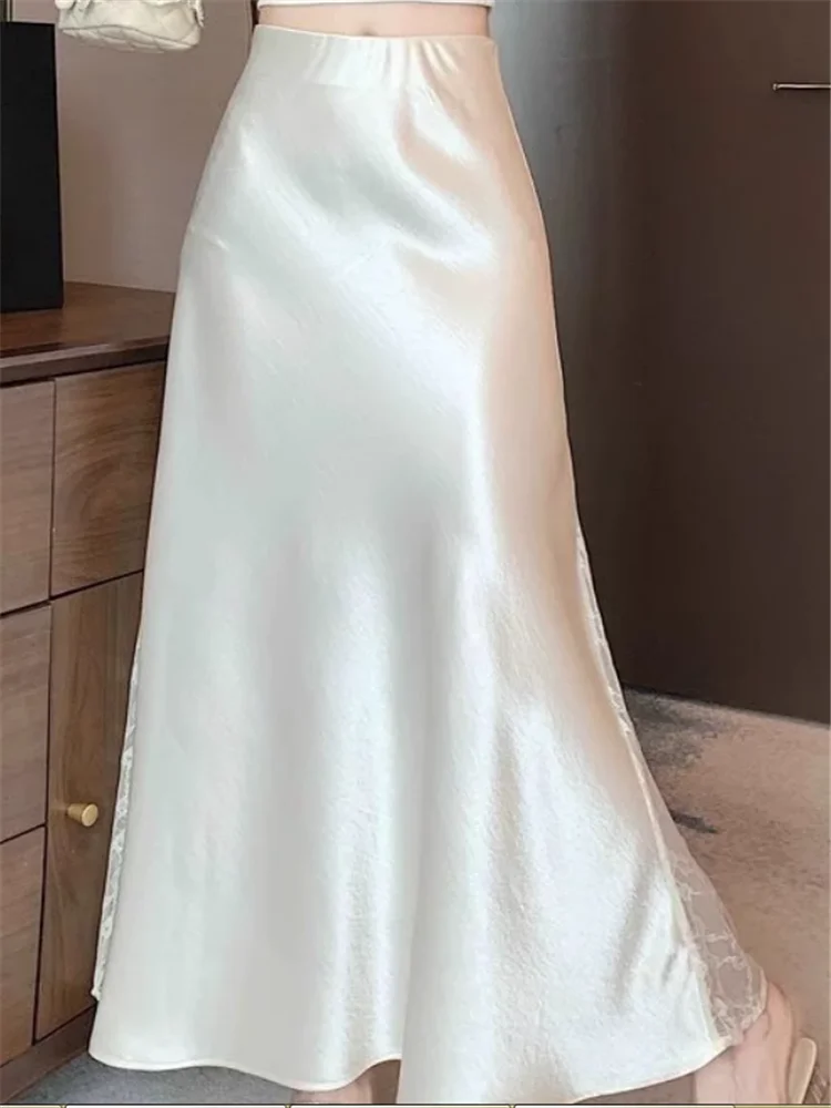 Apricot Black New Elegant Lady Lace Patchwork Glossy Satin Skirt High Waist Slim Long Skirt Big Size 2XL Women Wrap Hip Bottoms