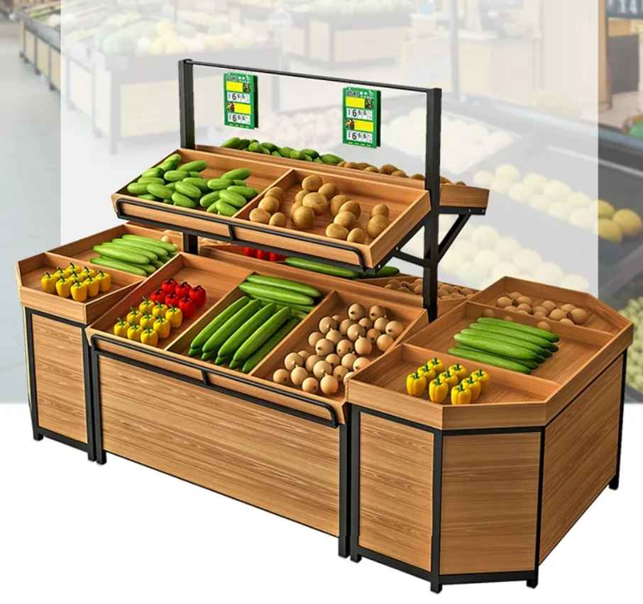 

Vegetable Rack Fruit Store Fruit Display Frame Steel Wood Fruit and Vegetable Storage Rack Commercial
